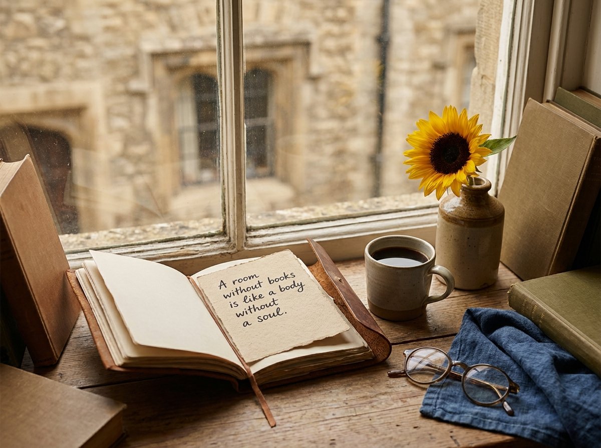 Offenes Notizbuch mit handgeschriebener Zitatkarte, Kaffee und Sonnenblume am Fenster