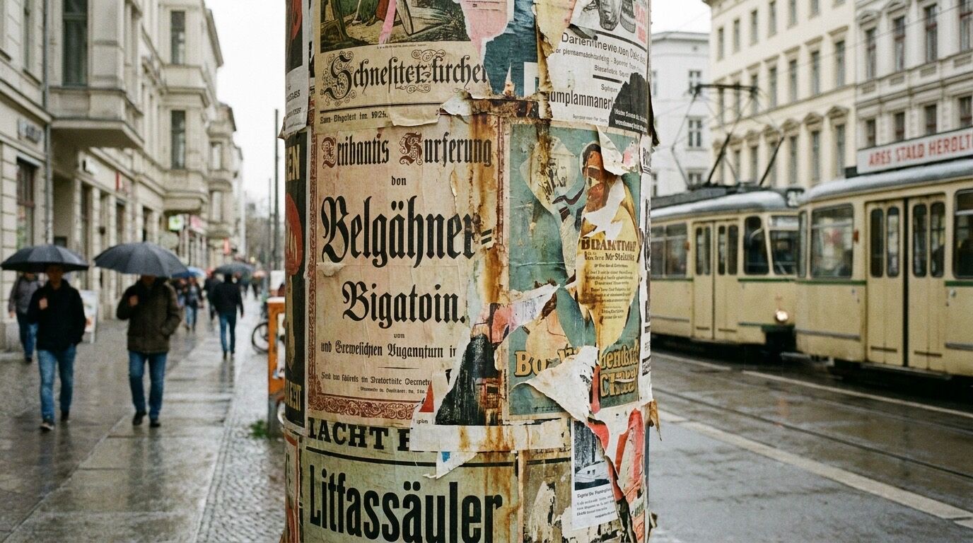 Historische Werbeplakate aus verschiedenen Jahrzehnten nebeneinander an einer Litfaßsäule