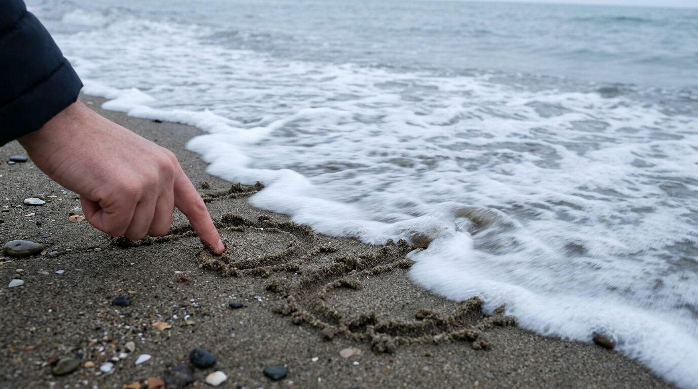 Hand zeichnet Zeichen in den nassen Sand, während eine Welle heranrollt, Motiv aus dem Am Strande Gedicht von Kaschnitz