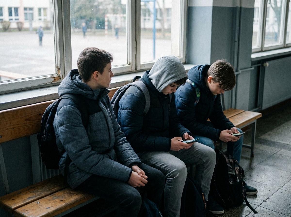 Jugendliche sitzen nebeneinander auf einer Schulbank und schauen auf ihre Smartphones, eine Person wendet sich ab