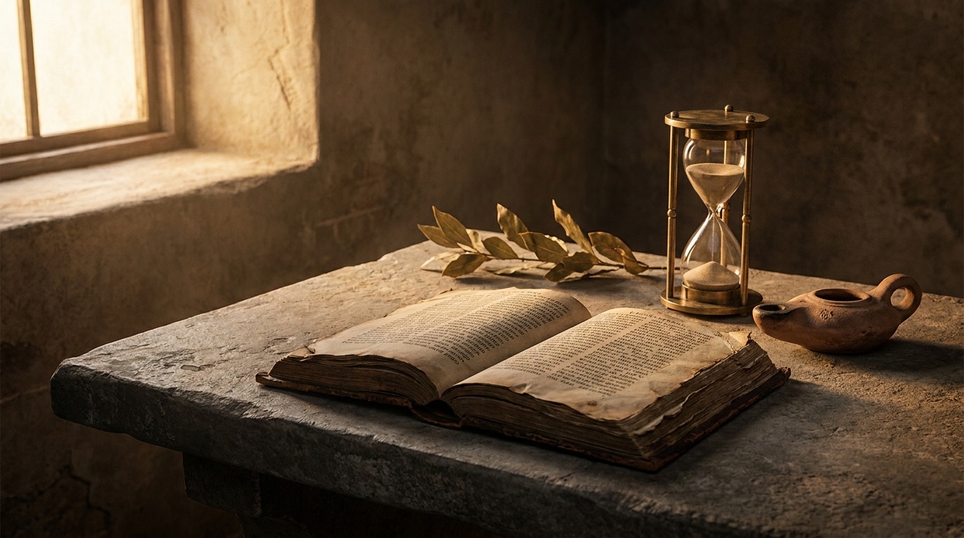 Aufgeschlagenes antikes Buch mit lateinischem Text und einer Sanduhr daneben
