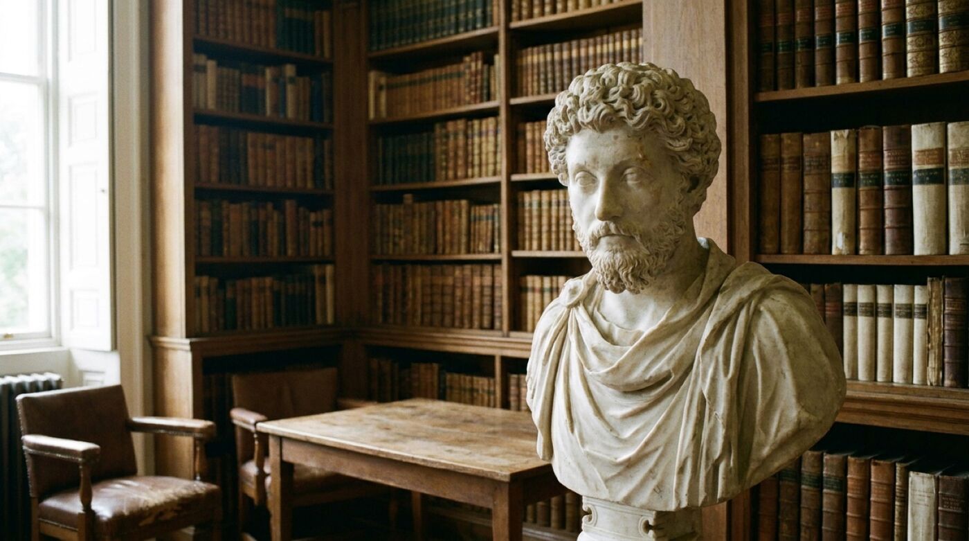 Marmorbüste eines römischen Kaisers und Philosophen in einer Bibliothek, weiches Seitenlicht