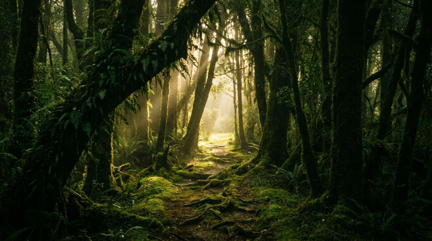 Schmaler Pfad durch einen dunklen Wald auf eine helle Lichtung zu, Nebel zwischen den Stämmen