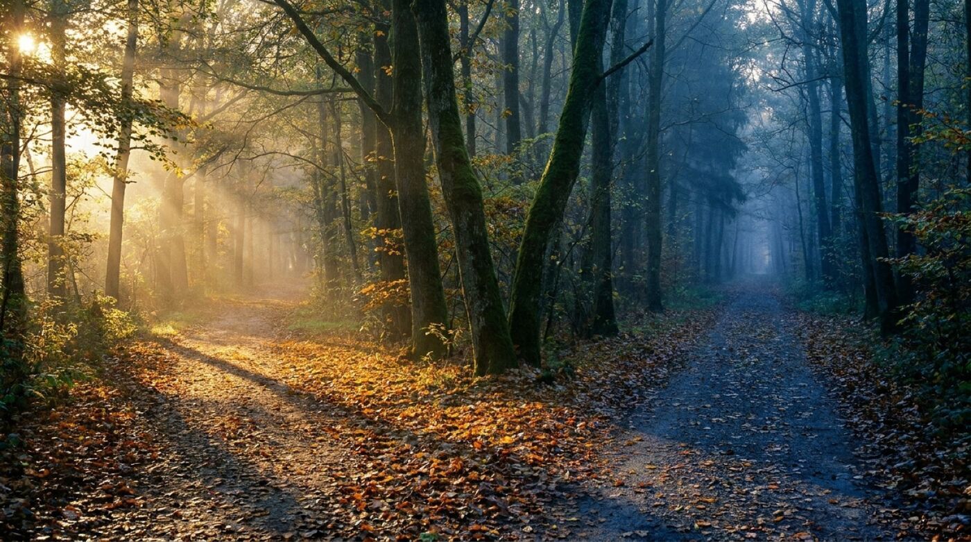 Zwei Wege in einer Herbstlandschaft, einer im Licht, einer im Schatten, Symbol für die Entscheidung zwischen Optimismus und Pessimismus