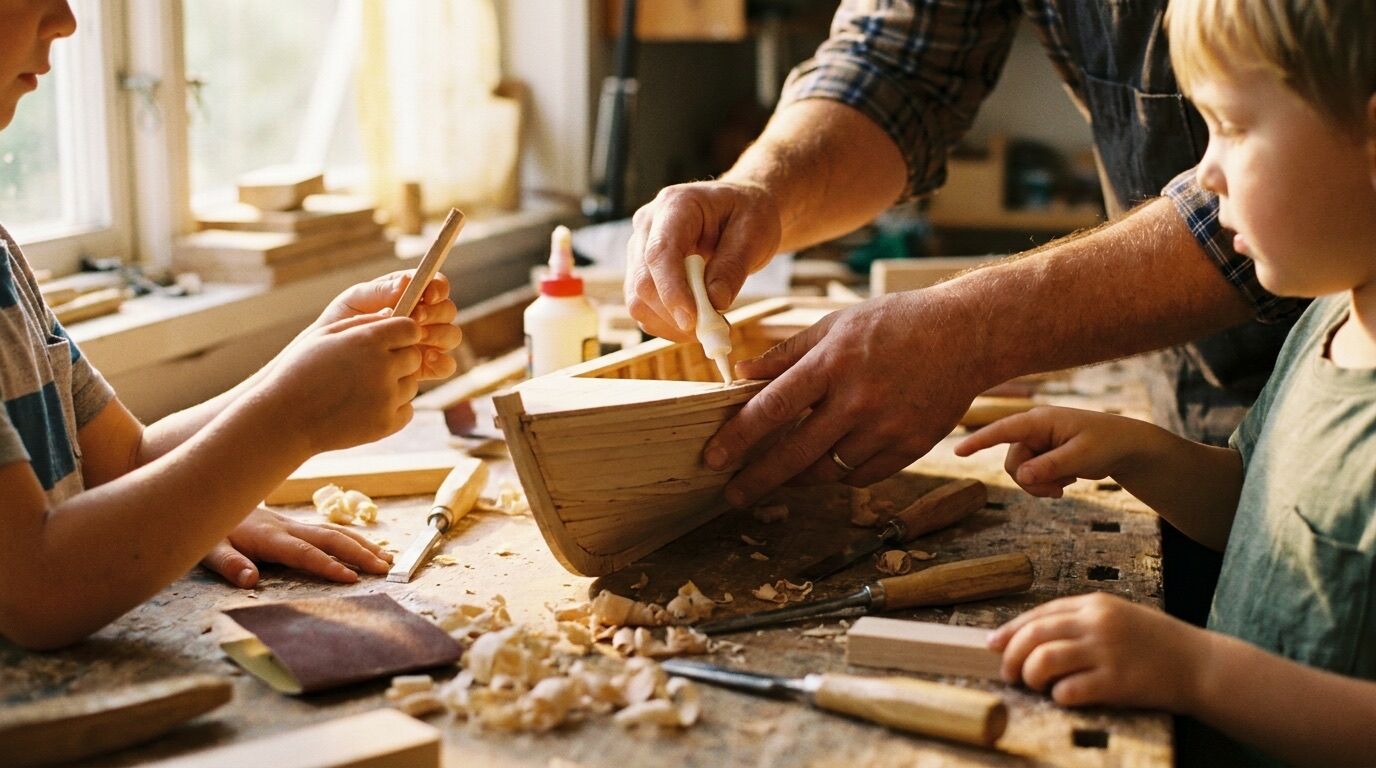 Hände von Kindern und einem Erwachsenen bauen gemeinsam ein Holzmodell an einer Werkbank