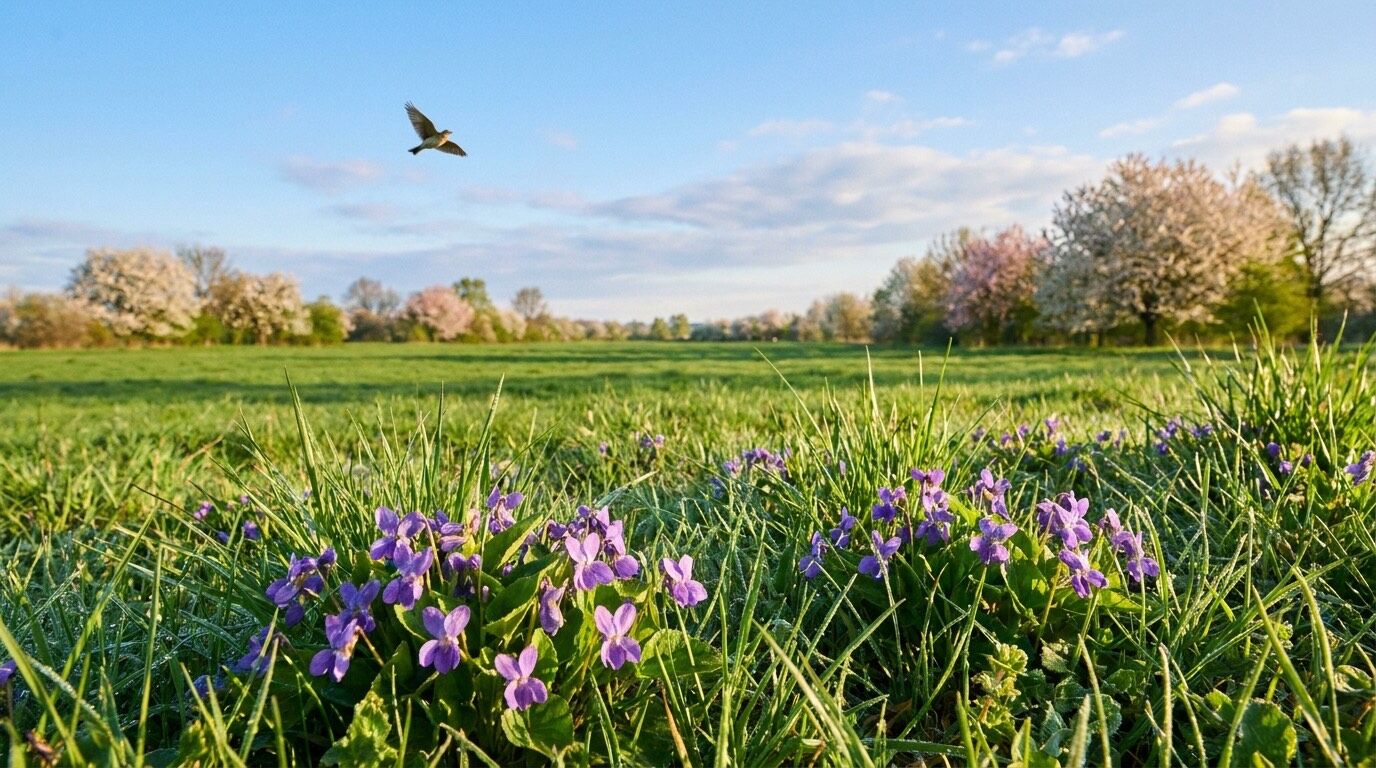 Blühende Veilchen und junges Gras auf einer Frühlingswiese, im Hintergrund eine Lerche über dem Feld