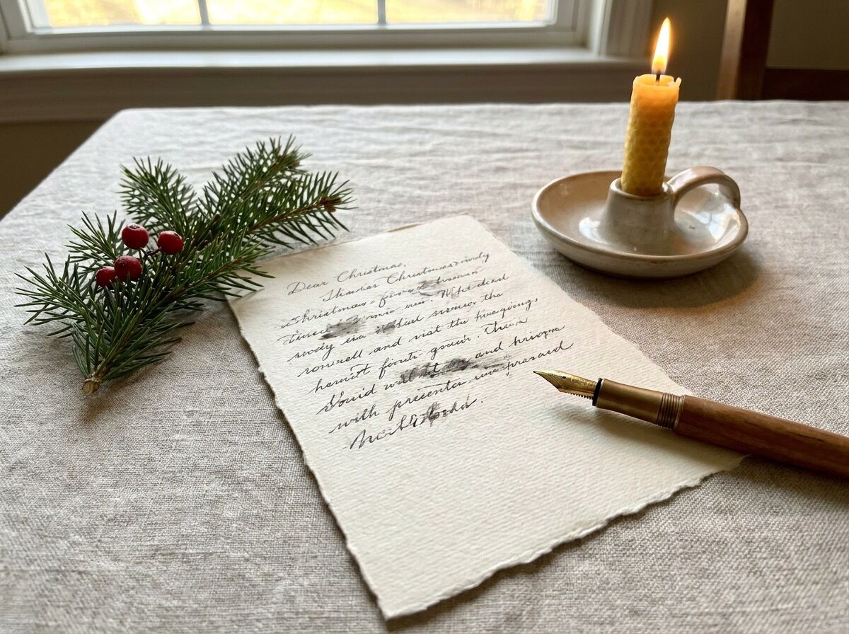 Handgeschriebene Weihnachtskarte mit Füllfederhalter, daneben Tannenzweig und Kerze