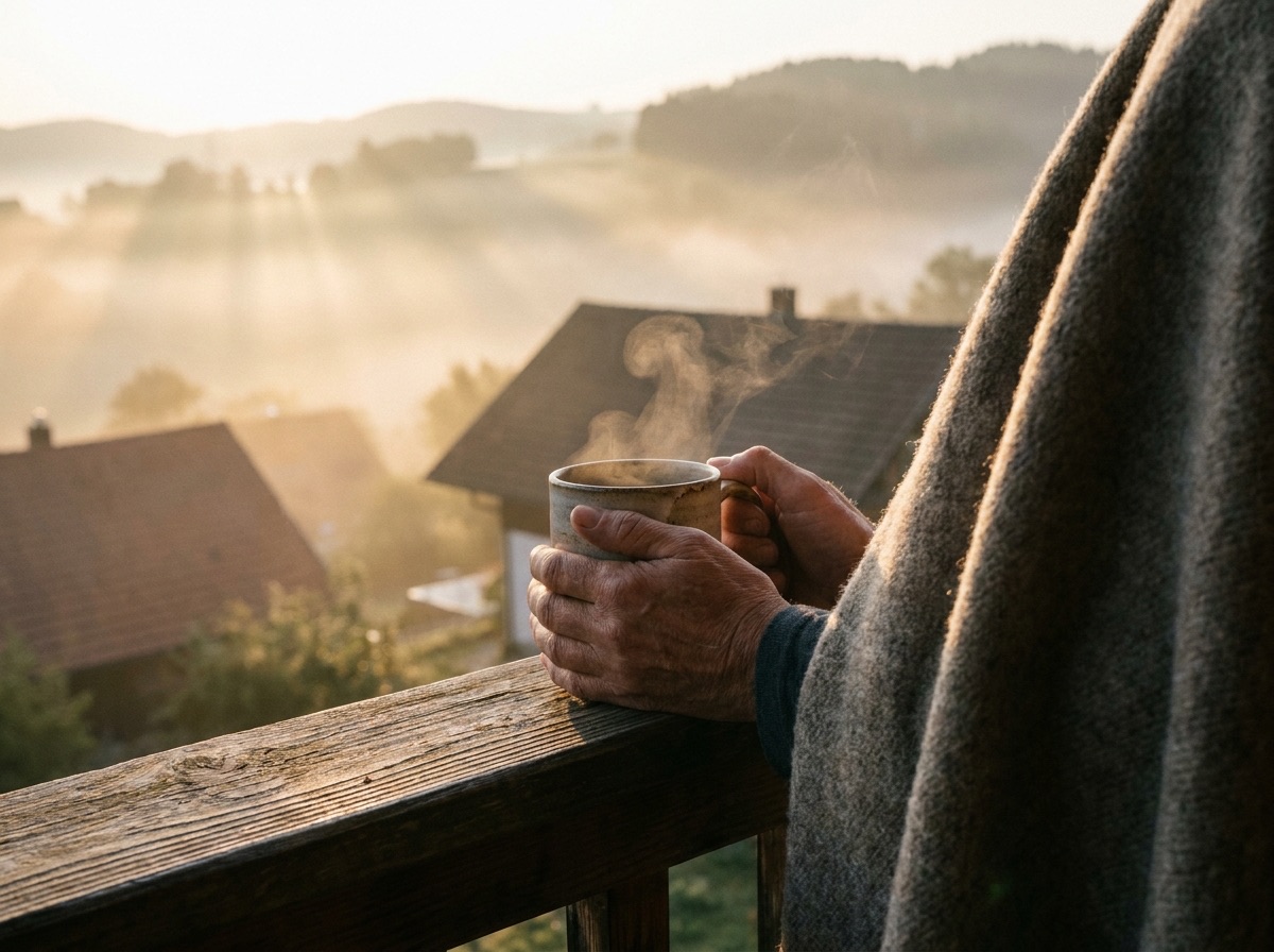 Zwei Hände halten eine dampfende Tasse auf einem Balkongeländer bei Sonnenaufgang