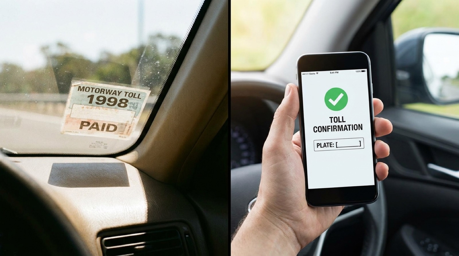 Vergleich von Klebevignette an der Windschutzscheibe und digitaler Vignette auf dem Smartphone