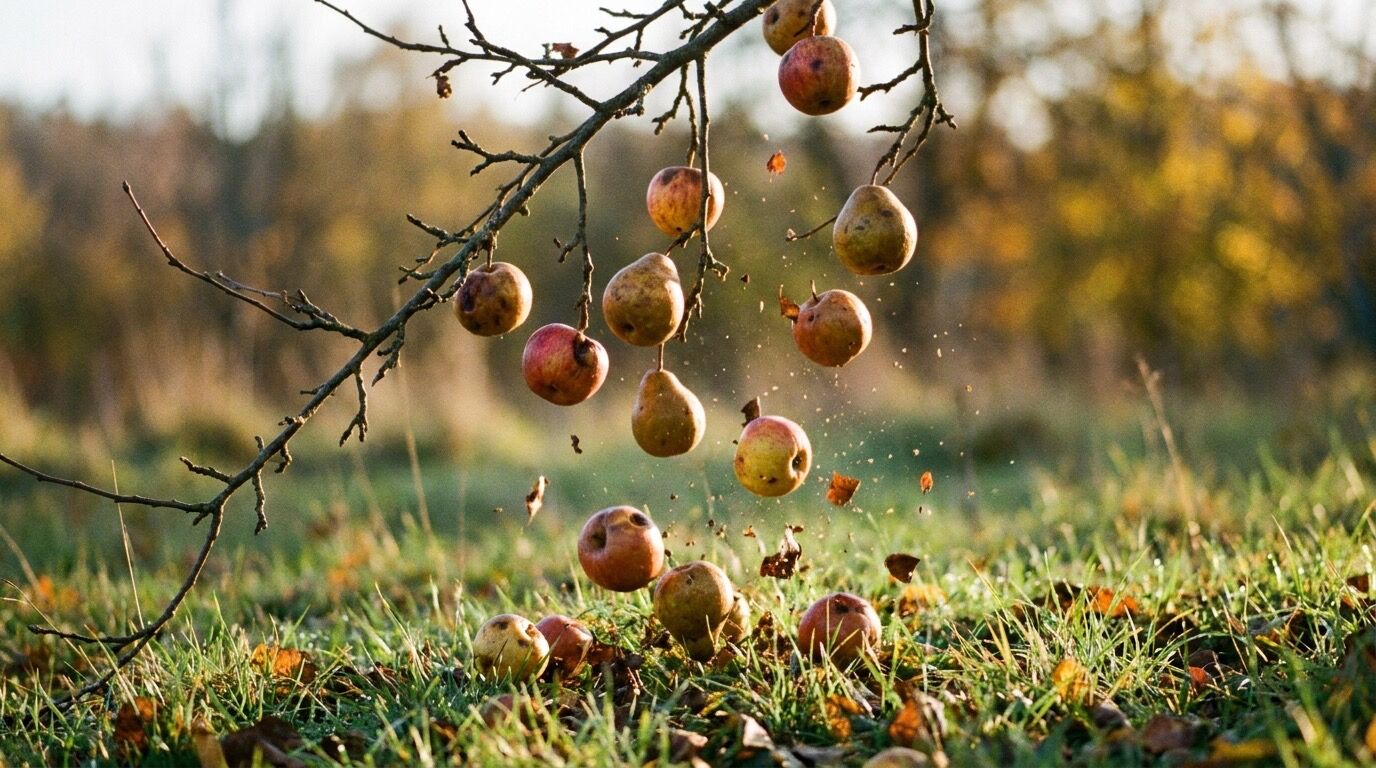 Reife Früchte fallen an einem stillen Herbsttag von den Zweigen