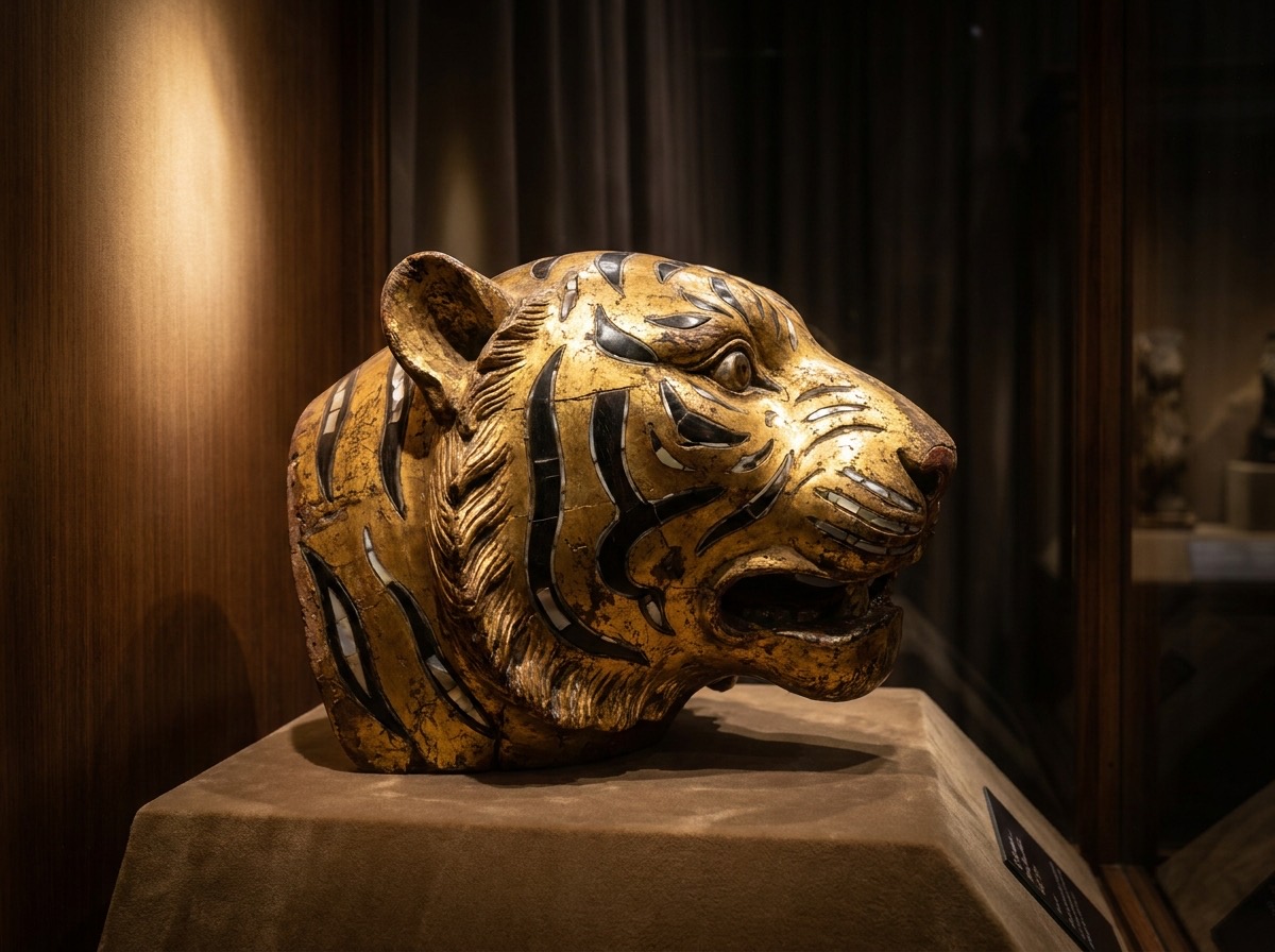 Tigerkopf aus vergoldetem Holz als historisches Machtsymbol