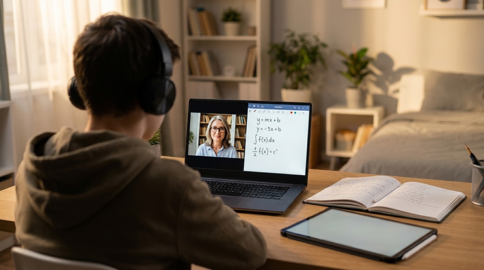 Online-Nachhilfe am Laptop mit digitalem Whiteboard und Notizen