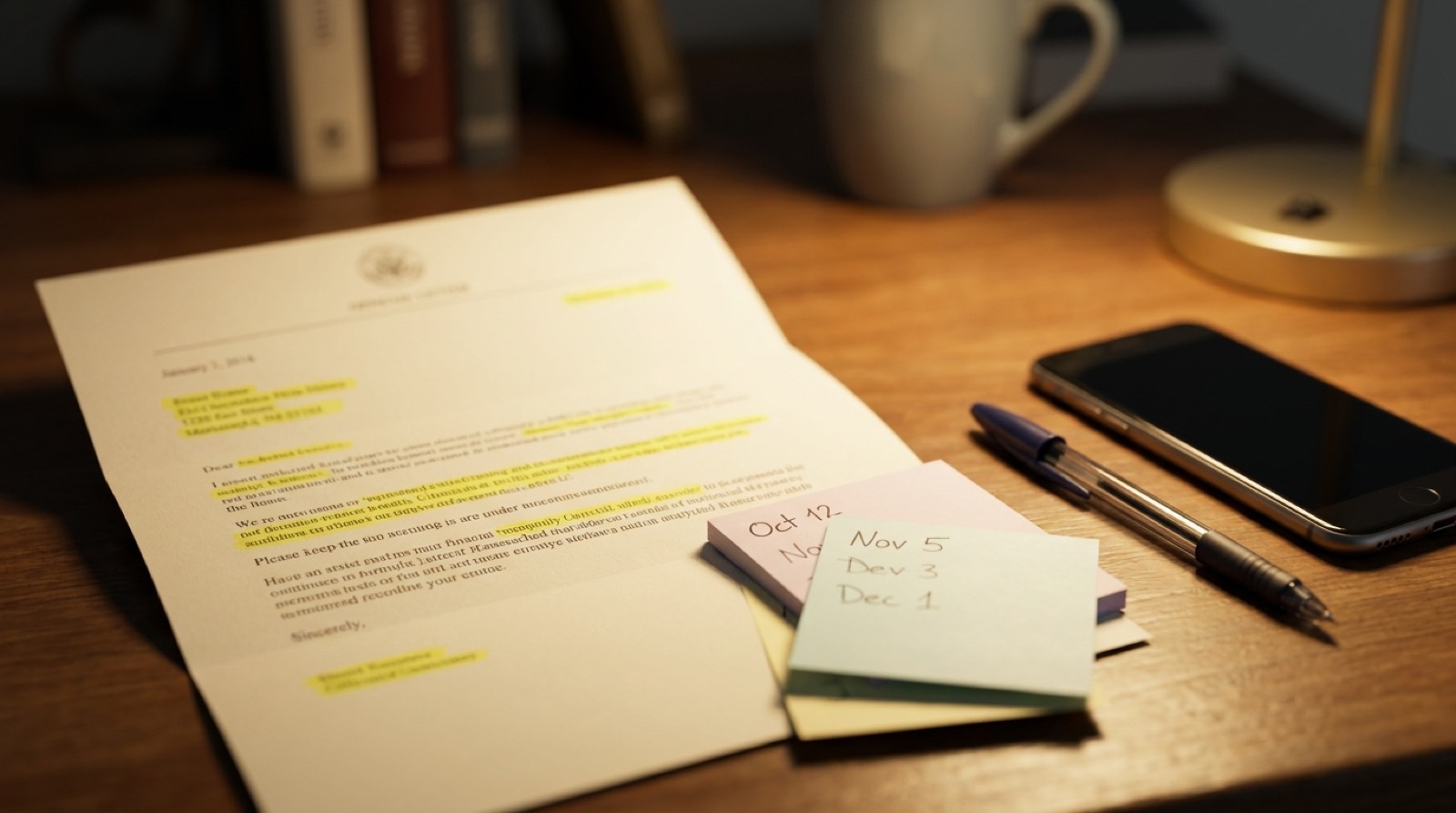 Schreibtisch mit Bescheid, Textmarker und Notizzettel zum Entschlüsseln von Behördensprache