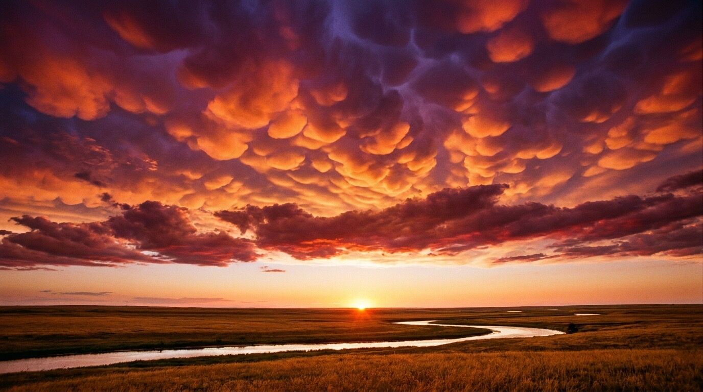 Mammatuswolken in Orange und Violett bei Sonnenaufgang über einer weiten Ebene