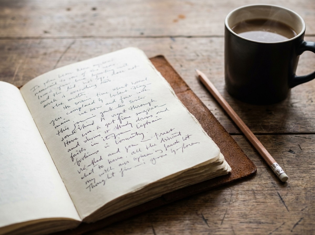 Notizbuch mit einer handschriftlichen Liste und einer Tasse Kaffee