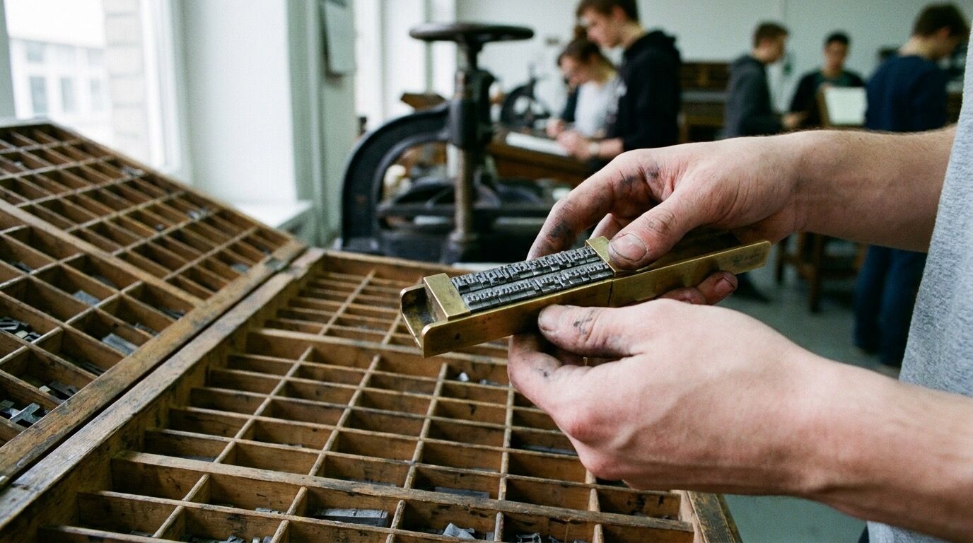 Handsatz mit beweglichen Lettern in einer universitären Lehrdruckerei