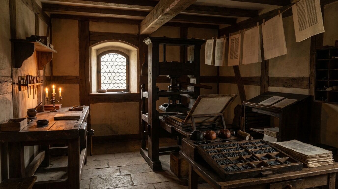 Historische Druckwerkstatt mit Handpresse und Setzkasten im 15. Jahrhundert