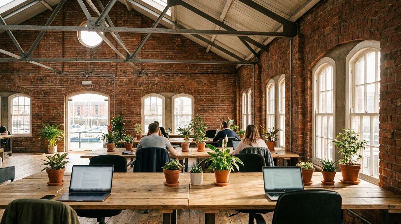 Coworking-Fläche in einem umgebauten Backsteinlager mit Blick auf das Hafenbecken