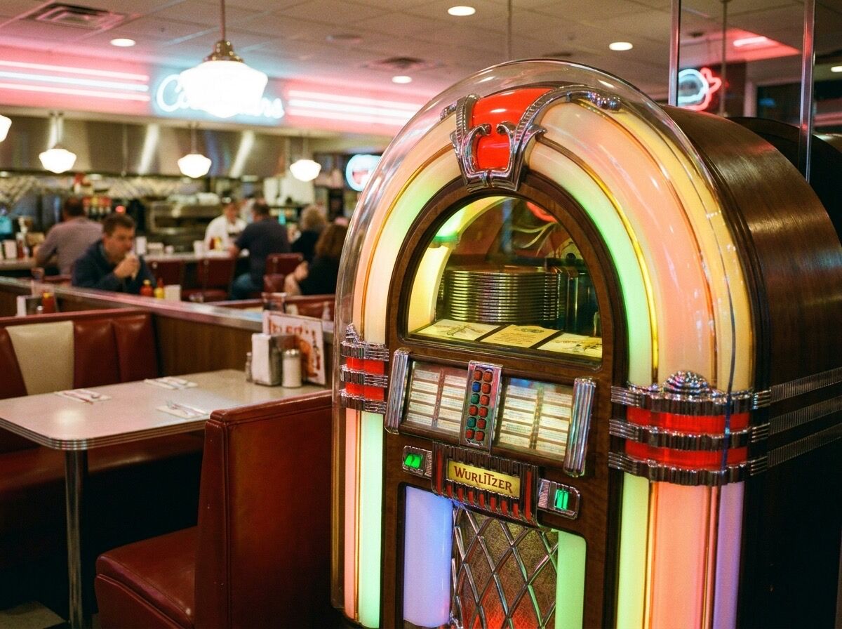 Alte Jukebox mit leuchtenden Tasten in einem Diner der 1950er Jahre