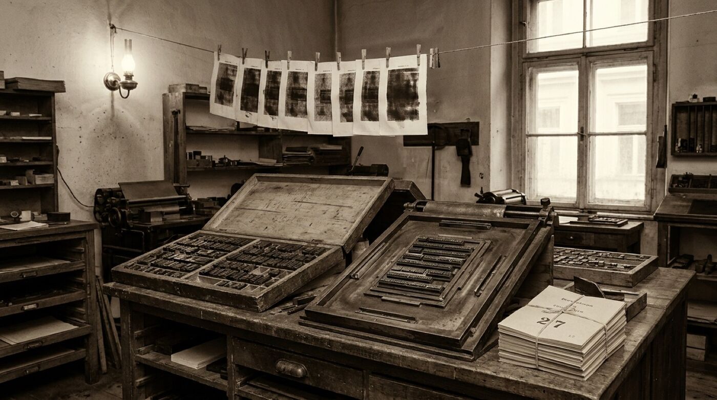 Historische Wiener Verlagsszene um 1906 mit Setzkasten, Druckbogen und nummeriertem Privatdruck