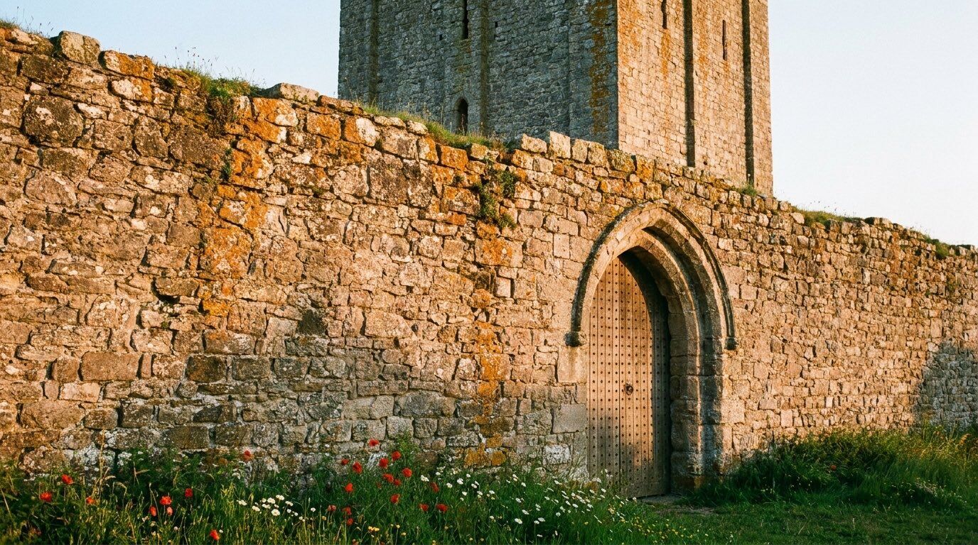 Historische Ringmauer und Bergfried der Burg Gutenberg im Abendlicht