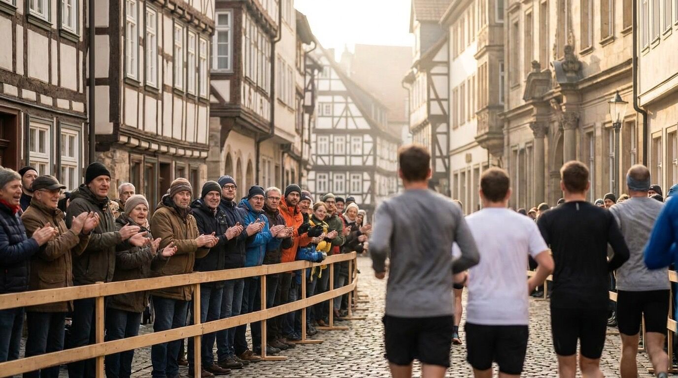 Zuschauer am Streckenrand eines Stadtlaufs in einer Altstadtgasse