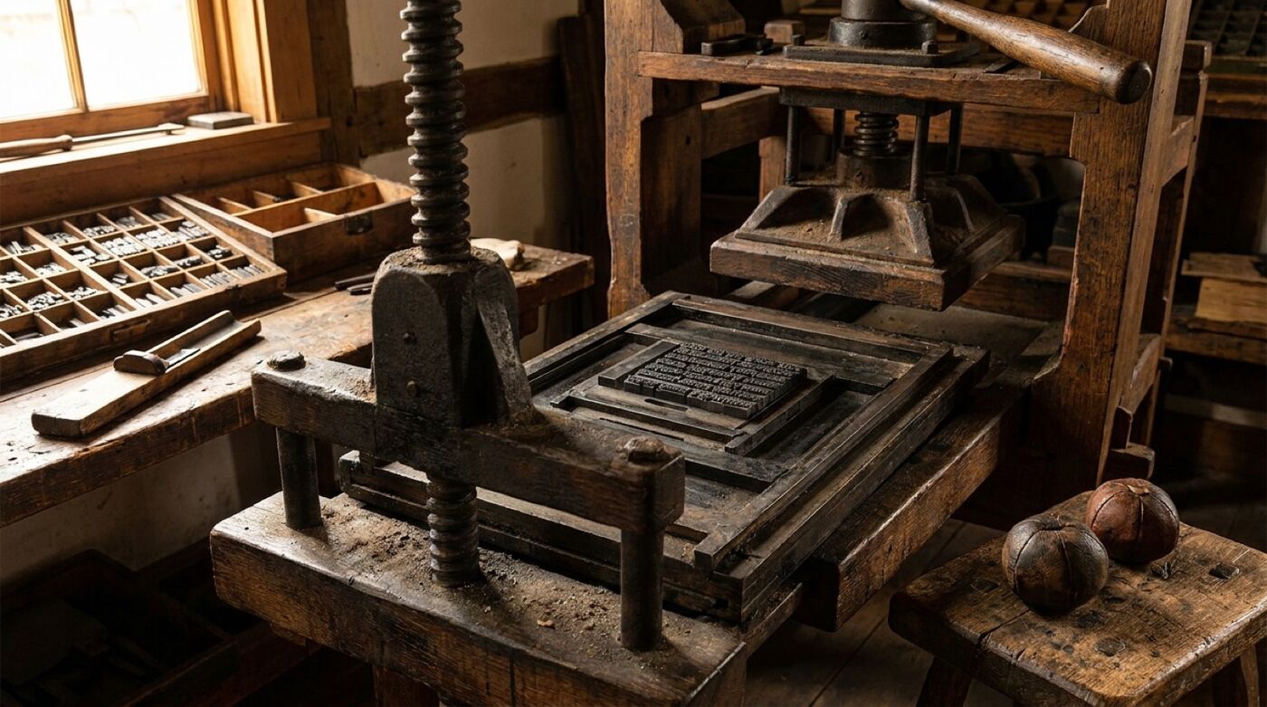 Nachgebaute hölzerne Druckerpresse mit Setzkasten und Winkelhaken in einer Museumswerkstatt