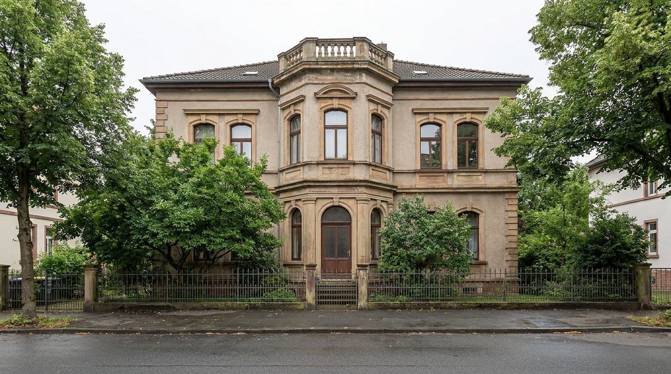Zweigeschossige Gründerzeitvilla mit Mittelrisalit und Sandsteingewänden