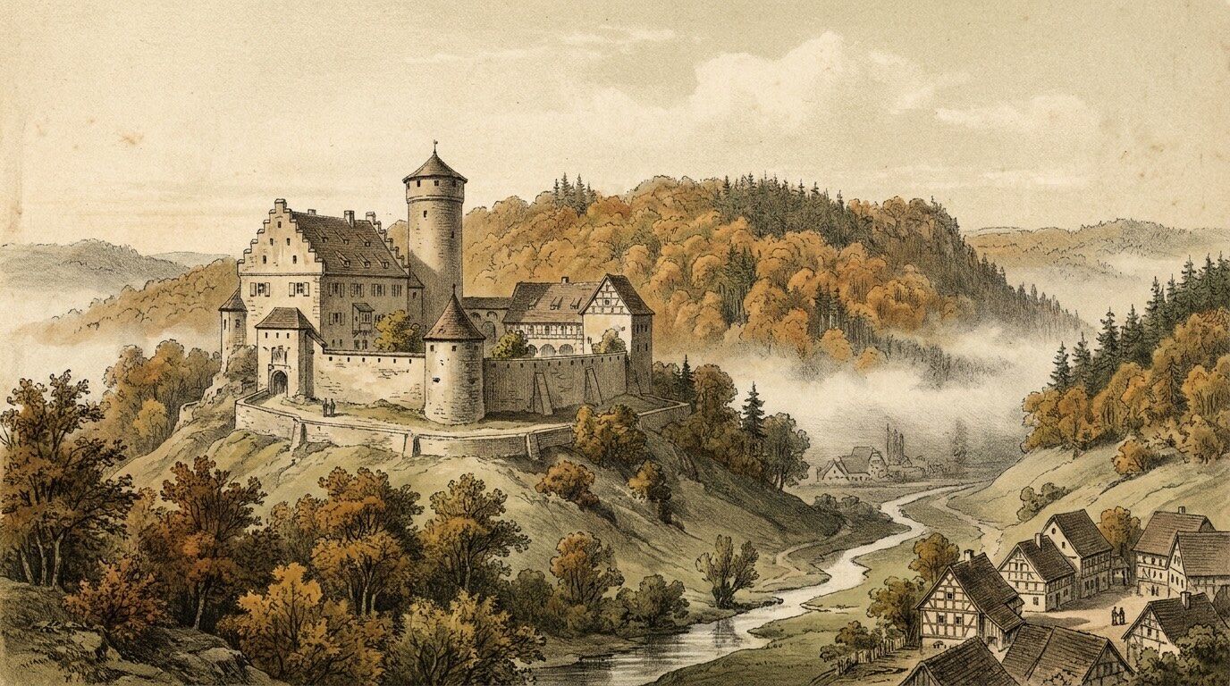 Historische Ansicht einer fränkischen Burganlage auf bewaldetem Höhenrücken