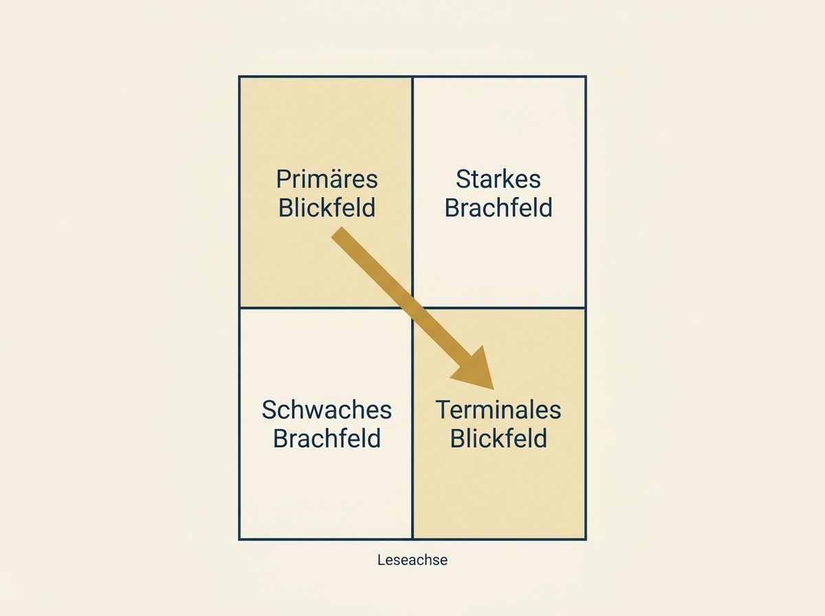 Grafische Darstellung der vier Quadranten des Gutenberg Diagramms mit Leseachse von links oben nach rechts unten