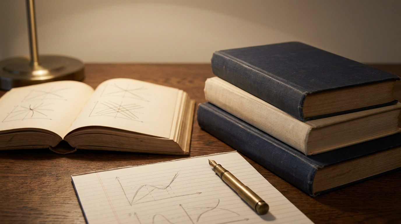 Aufgeschlagenes Lehrbuch mit Diagrammen zur Produktionstheorie neben einem Notizblock