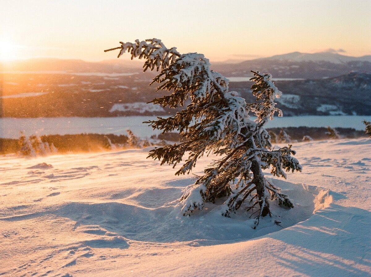 Einzelne Tanne im Schnee, die Zweige vom Sturm gebogen, im letzten Abendlicht