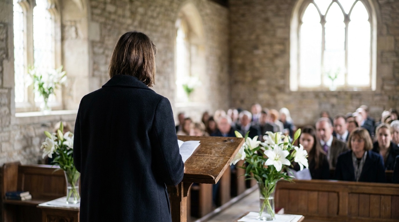 Frau liest bei einer Beisetzung in einer hellen Kapelle von einem Blatt vor, von hinten aufgenommen