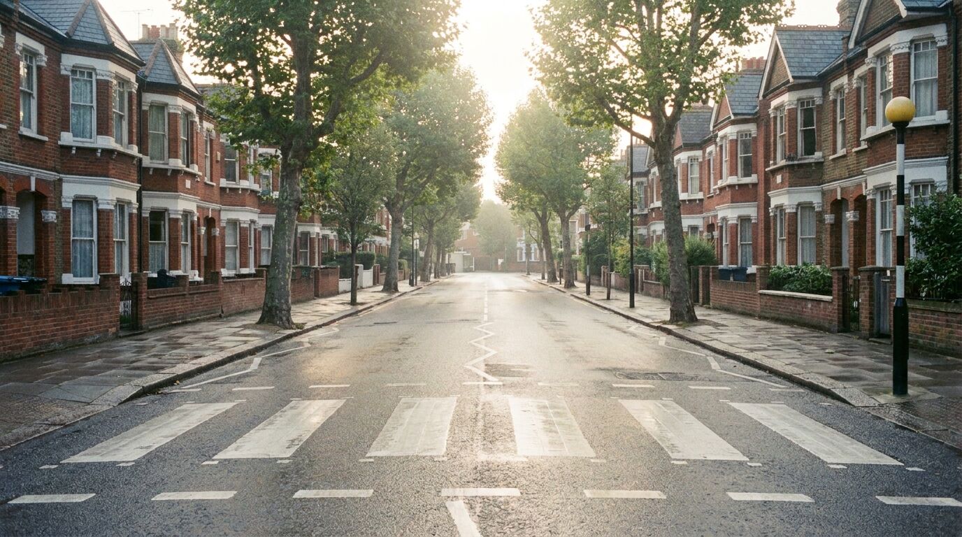 Leerer Zebrastreifen an einer Londoner Straße im Morgenlicht, Anspielung auf das Abbey-Road-Cover
