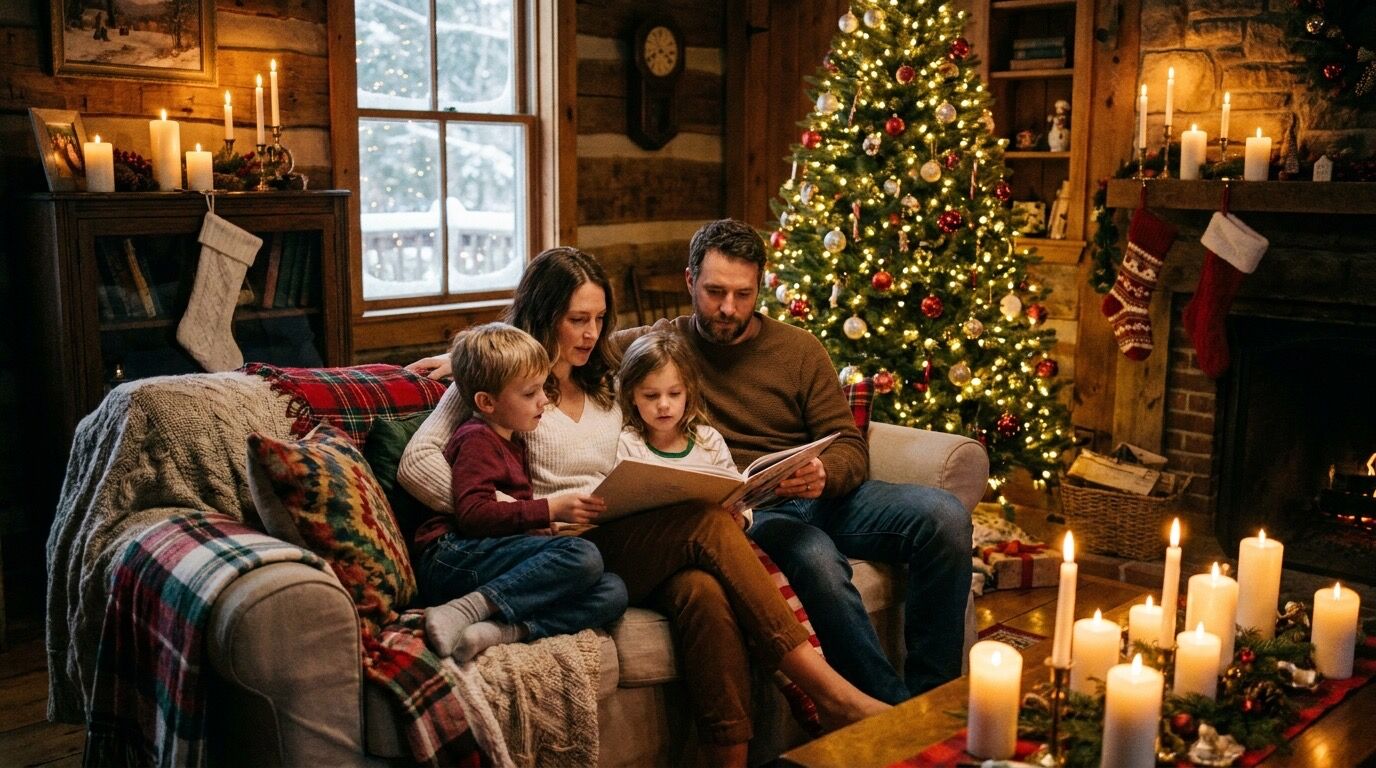 Familie beim Vorlesen am Weihnachtsabend im Kerzenlicht, ein Buch auf dem Schoß