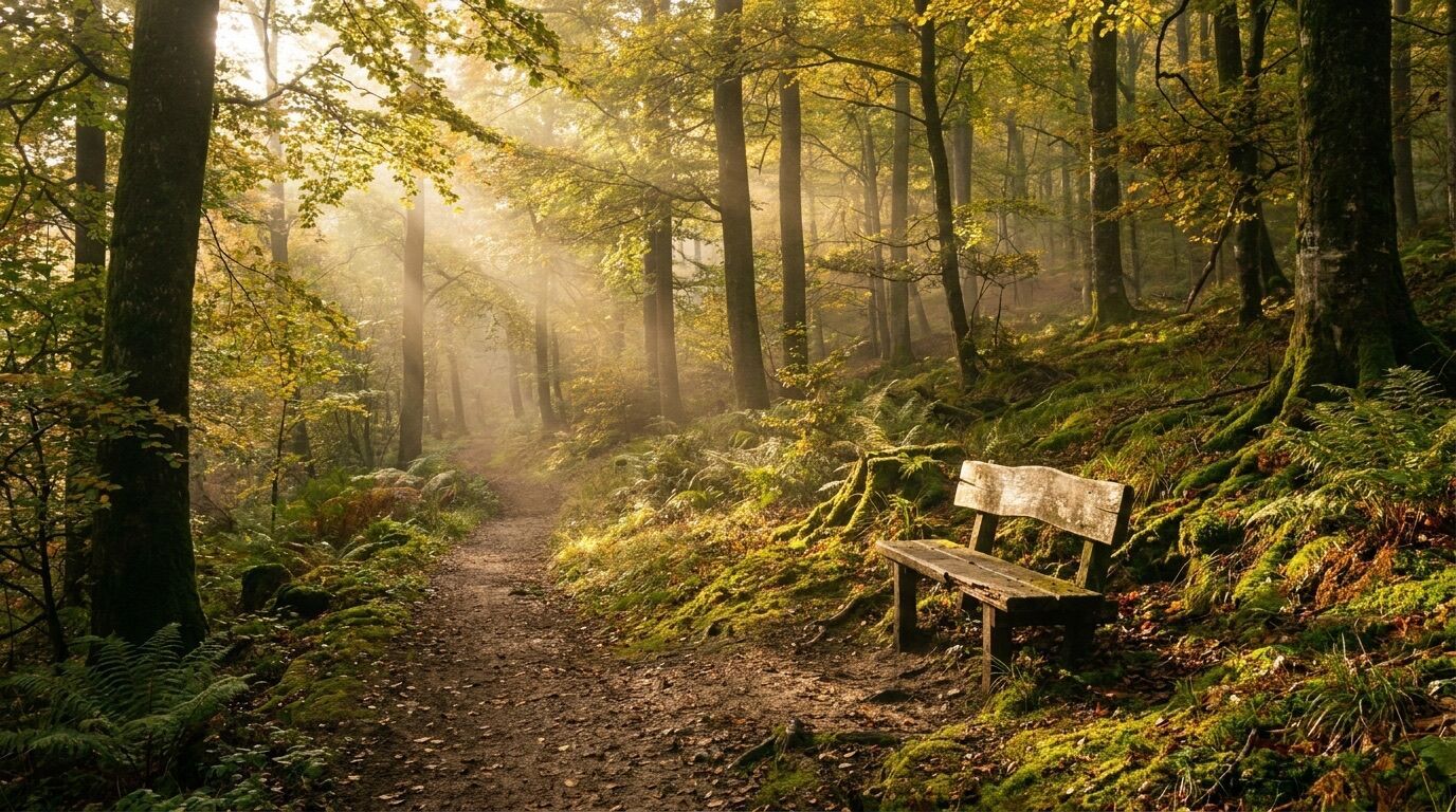 Waldweg im Nachmittagslicht mit Sonnenstrahlen zwischen Buchen und einer Holzbank