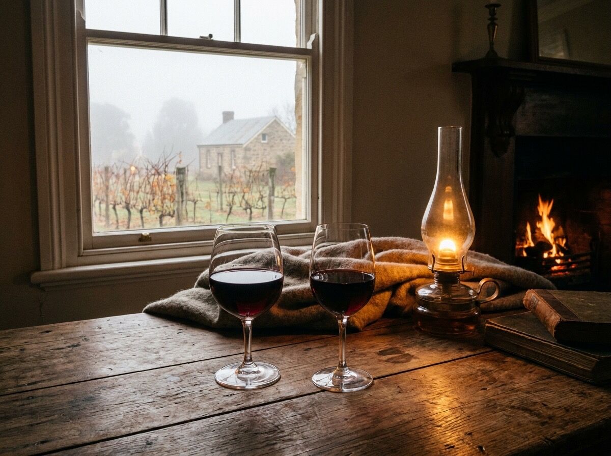 Zwei Gläser Rotwein am Fenster an einem nebligen Oktobertag