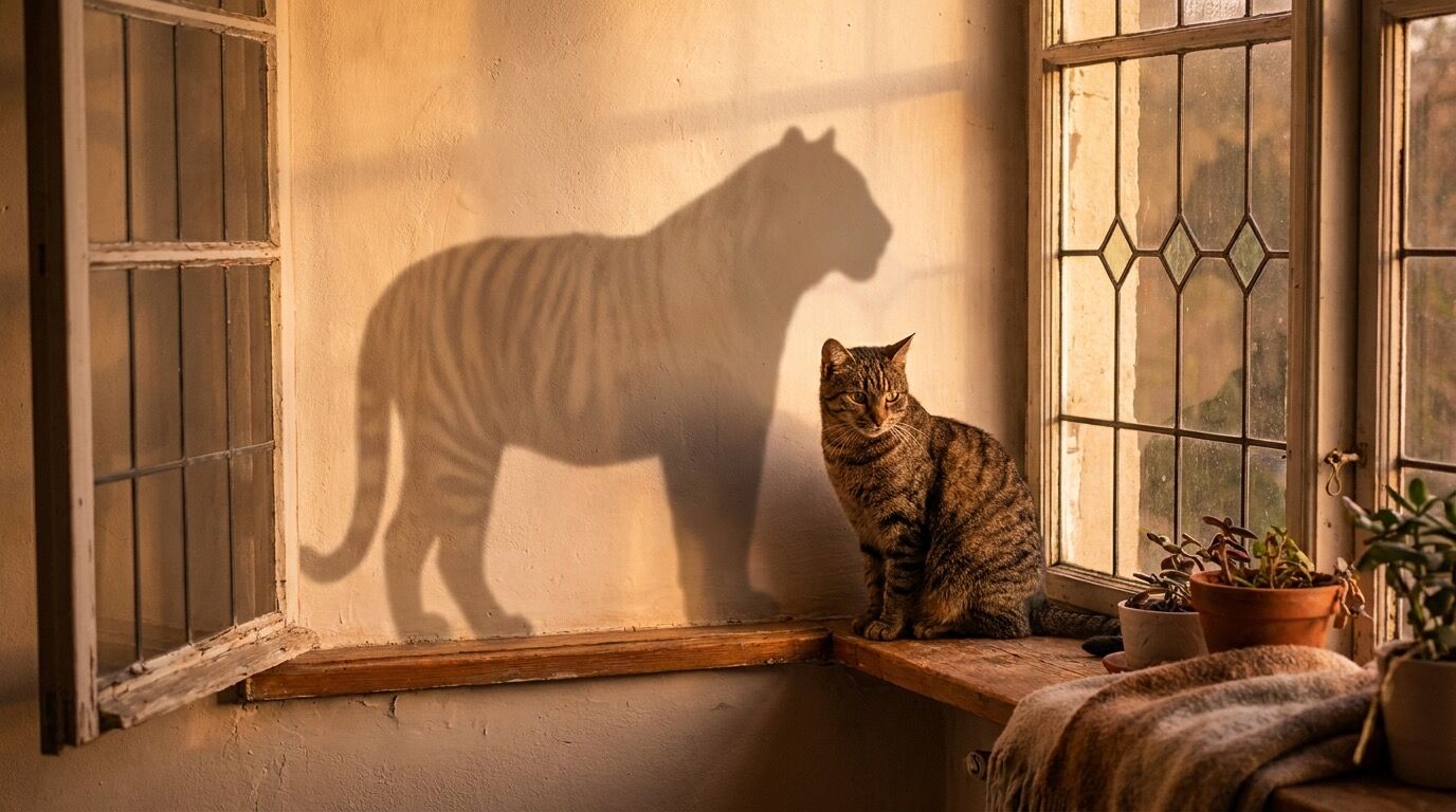 Hauskatze im Fenster, im Schatten eine tigerartige Silhouette