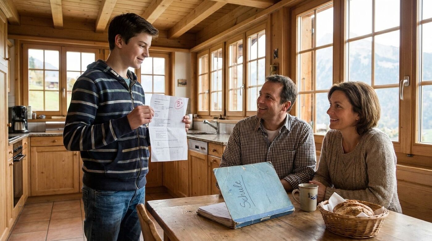 Familie am Küchentisch bespricht eine zurückgegebene Schularbeit