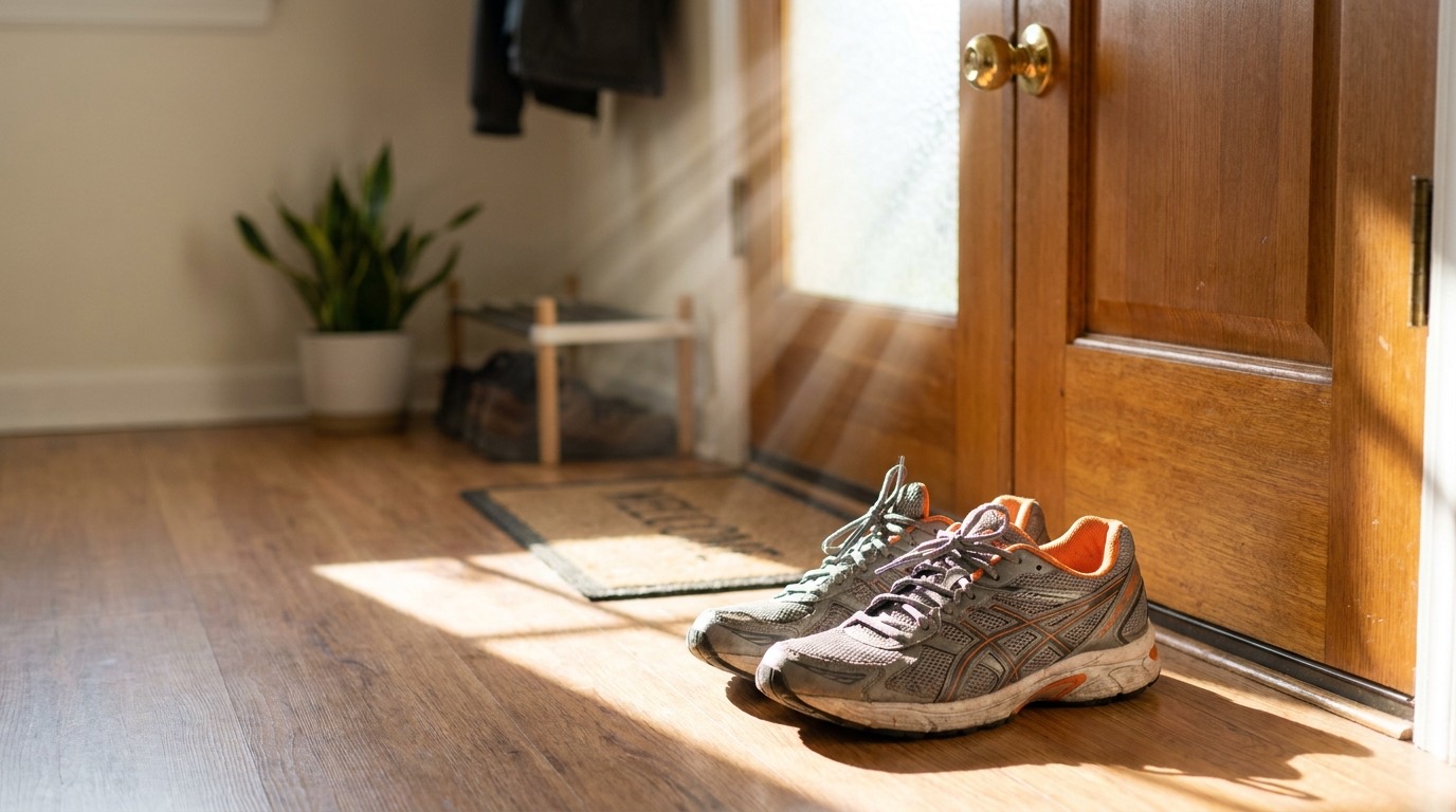 Laufschuhe an einer Wohnungstür im Morgenlicht