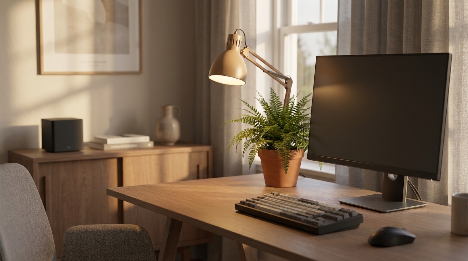 Homeoffice-Arbeitsplatz mit Bildschirm, Pflanze und einem Leela Q Bloc auf dem Sideboard