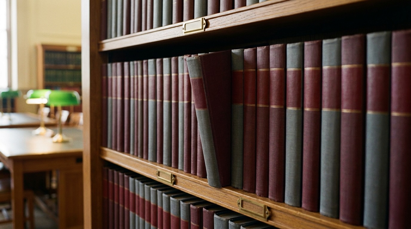 Reihe gebundener Bände des Gutenberg-Jahrbuchs im Lesesaal einer Forschungsbibliothek