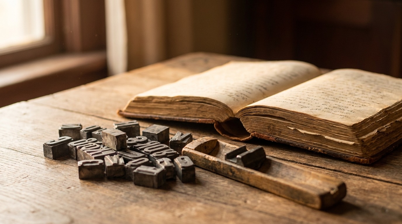 Aufgeschlagenes Buch mit historischen Bleilettern als Sinnbild für die Namensgebung