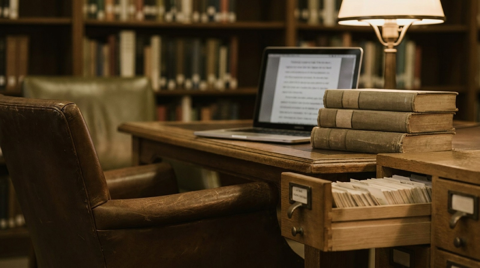 Bildschirm mit einem digitalisierten Buchtext neben historischen Buchbänden in einer Bibliothek