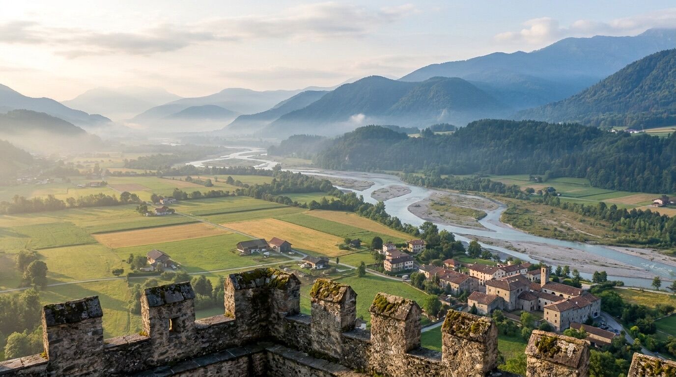 Blick vom Burghügel über das Alpenrheintal