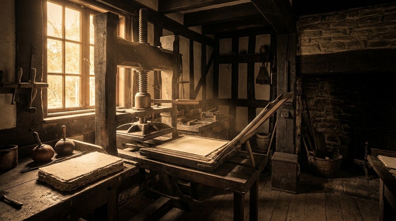 Historische Handpresse in warmem Licht als Sinnbild für den Namensgeber