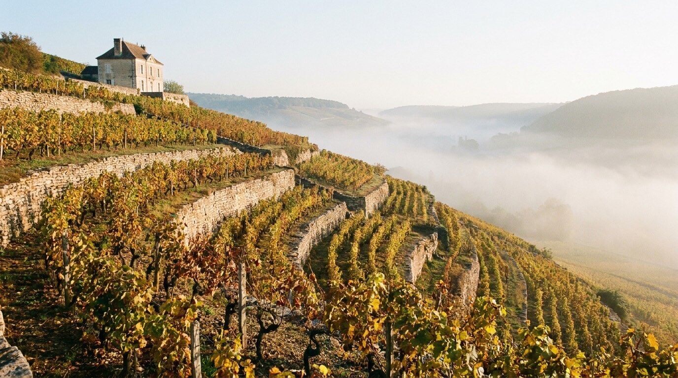Alte Weinberge an einem Hang mit einem Herrenhaus am Rand