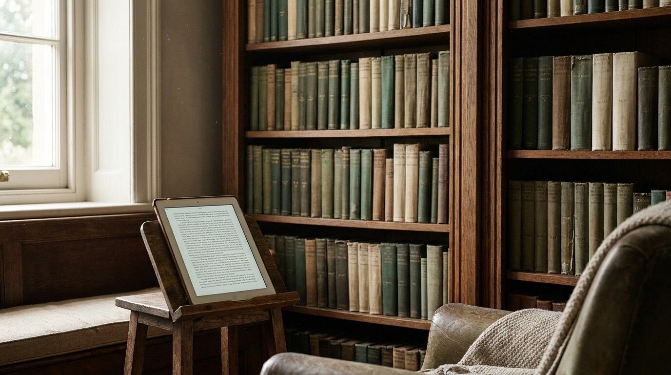 Bücherregal mit Klassikern der Weltliteratur neben einem Tablet mit geöffnetem Volltext der Digitalen Bibliothek