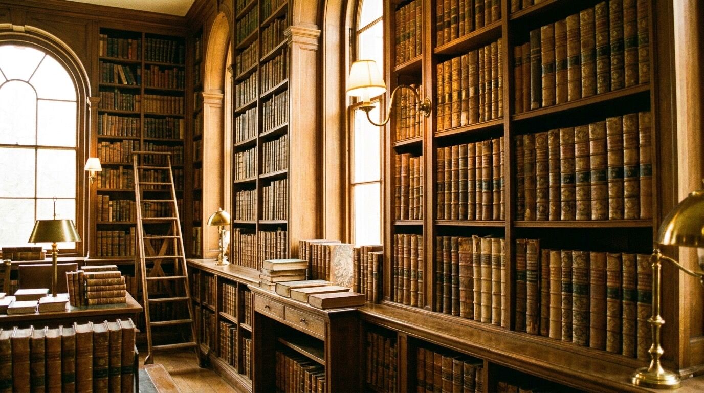 Regal mit alten Büchern in einer Bibliothek, warmes Licht auf den Buchrücken