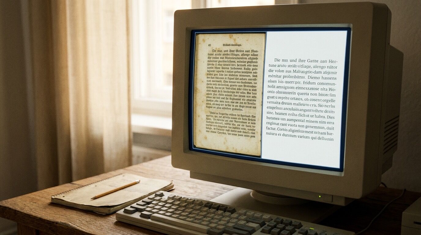 Bildschirm mit einem historischen Buchfaksimile neben der abgetippten Textfassung